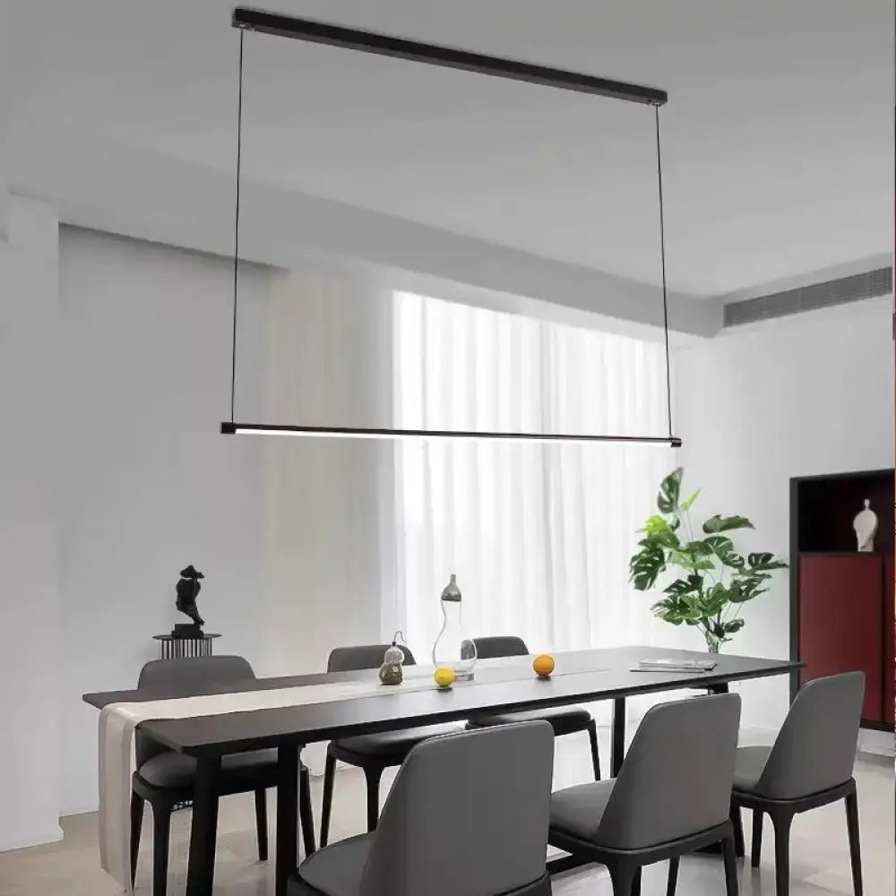 Black minimalist ultra slim tube led office hanging pendant light fixture in warm white for dining rooms