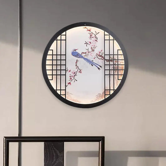Ultrathin Chinese LED Bedroom Wall Art - Round Bird and Flower Branch Design in Black