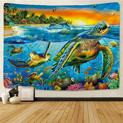 Underwater world mandala yoga mat tapestry blanket featuring a green sea turtle and colorful coral reefs decorbites 3d underwater
