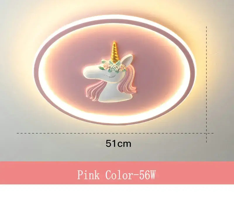 Pink oval cartoon kids ceiling light with white unicorn golden horn floral crown soft glow for kids bedroom decorbites cartoon kids