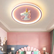 Circular cartoon kids ceiling light with pink halo and white unicorn head for kids ceiling lights decorbites cartoon kids