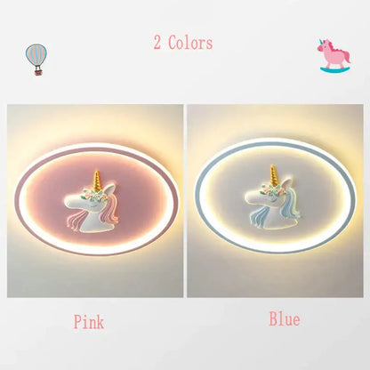 Pink and blue unicorn-themed led kids ceiling lights with glowing halo effect for decorbites cartoon kids bedroom chandelier