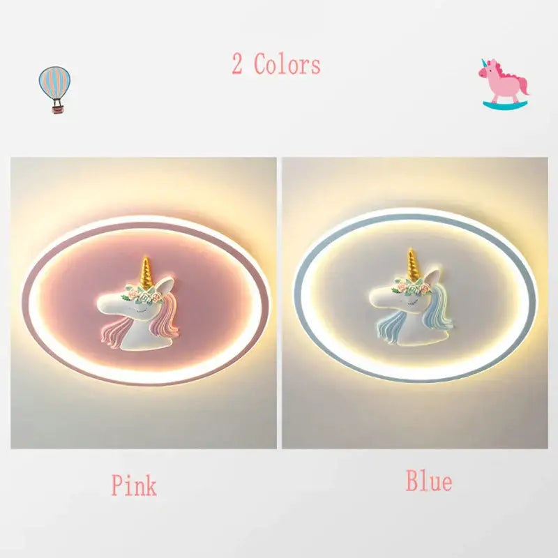 Pink and blue unicorn-themed led kids ceiling lights with glowing halo effect for decorbites cartoon kids bedroom chandelier