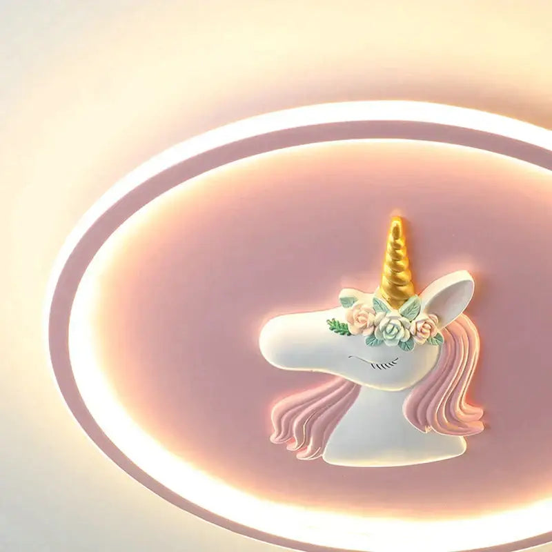 A charming white unicorn cartoon kids ceiling light with golden horn and pink mane for kids ceiling lights decorbites cartoon kids