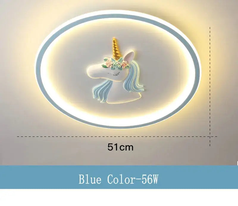 Blue oval cartoon kids ceiling light with 3d unicorn head golden horn floral crown for kids ceiling lights decorbites cartoon kids