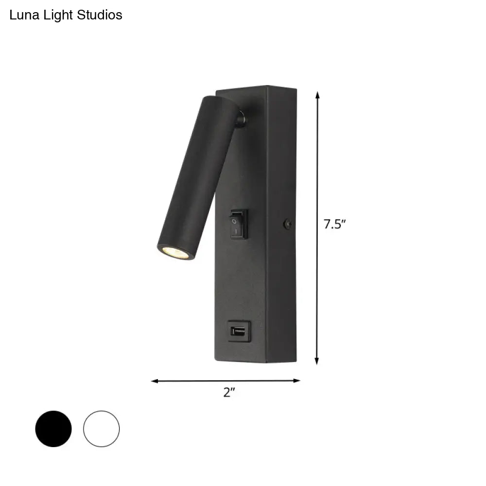 USB Rechargeable Tube Wall Sconce - Simple Metal Integrated LED Wall Light Fixture, Black/White - Warm/White Light