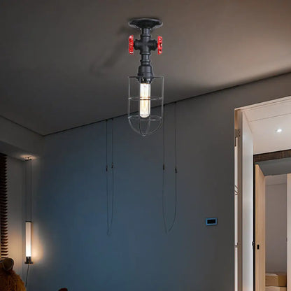 DecorBites™ DecorBites™ Valve Nautical Style Cage Metal Semi Flush Light - 1 Light Living Room Ceiling Fixture in Black/Bronze