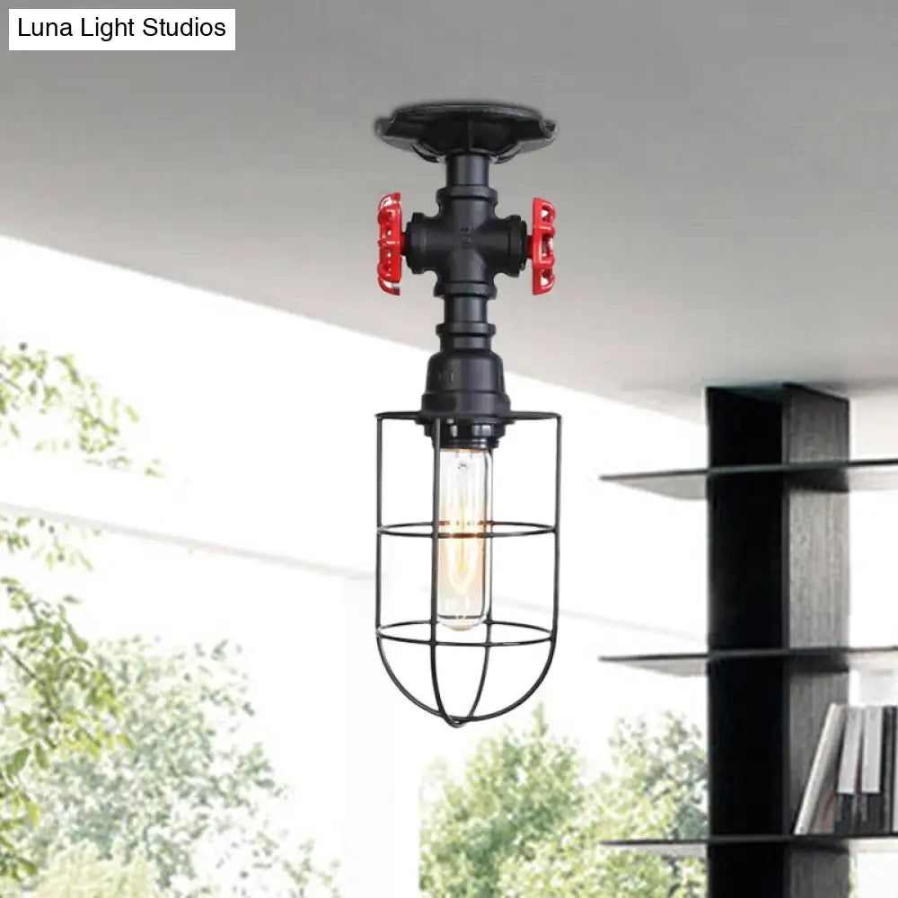 Valve Nautical Style Cage Metal Semi Flush Light - 1 Light Living Room Ceiling Fixture in Black/Bronze