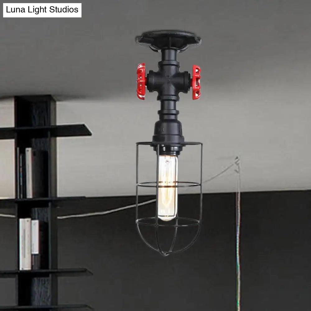 Valve Nautical Style Cage Metal Semi Flush Light - 1 Light Living Room Ceiling Fixture in Black/Bronze