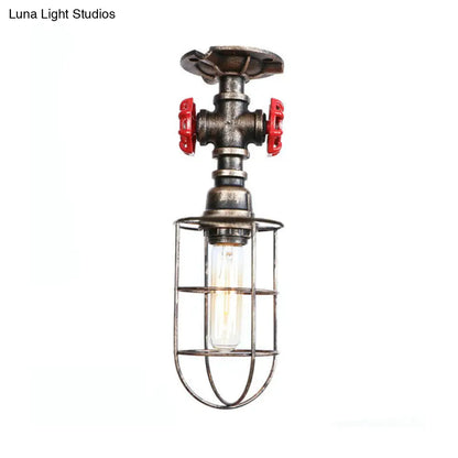 DecorBites™ DecorBites™ Valve Nautical Style Cage Metal Semi Flush Light - 1 Light Living Room Ceiling Fixture in Black/Bronze