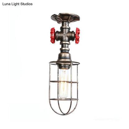 DecorBites™ DecorBites™ Valve Nautical Style Cage Metal Semi Flush Light - 1 Light Living Room Ceiling Fixture in Black/Bronze