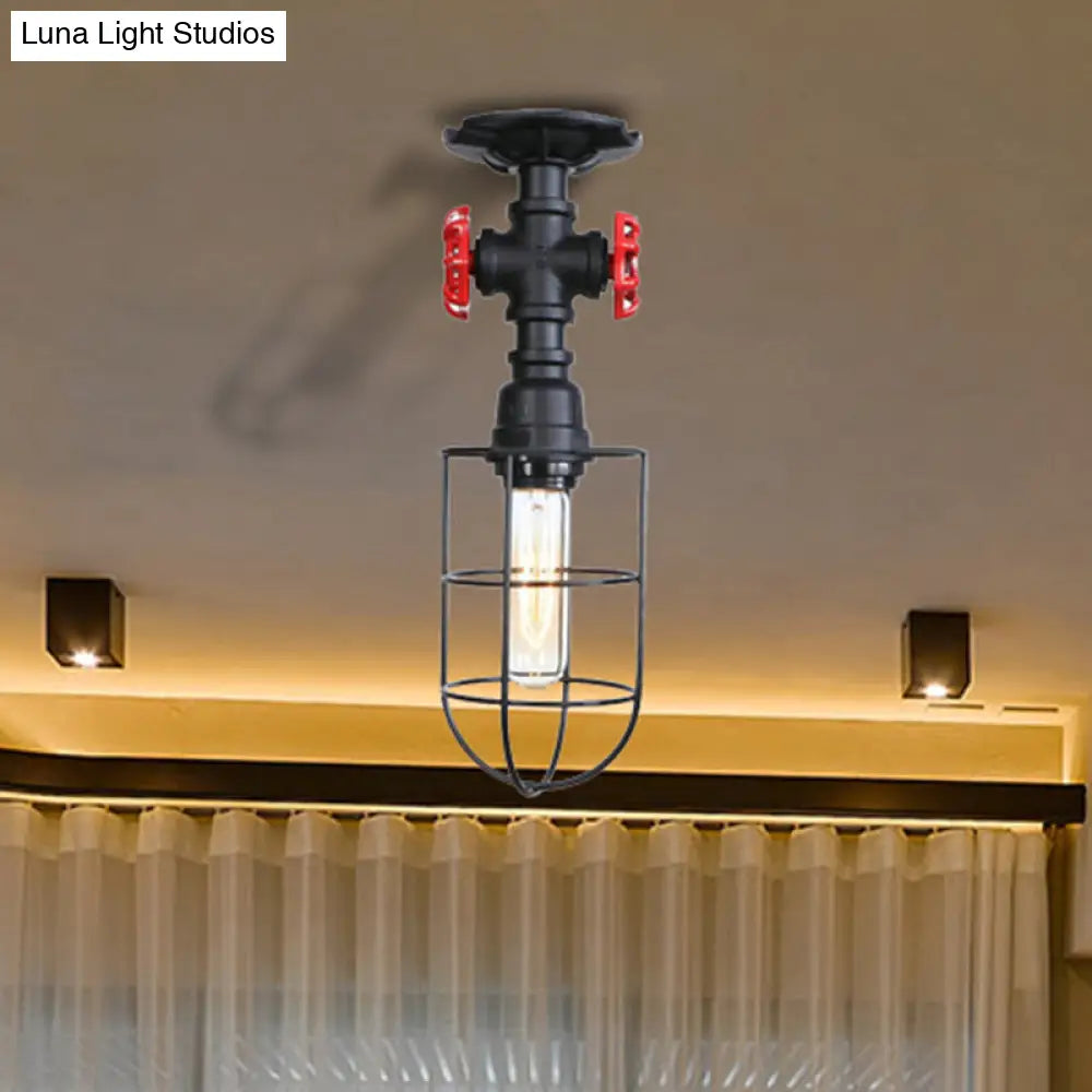Valve Nautical Style Cage Metal Semi Flush Light - 1 Light Living Room Ceiling Fixture in Black/Bronze
