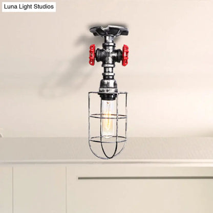 DecorBites™ DecorBites™ Valve Nautical Style Cage Metal Semi Flush Light - 1 Light Living Room Ceiling Fixture in Black/Bronze