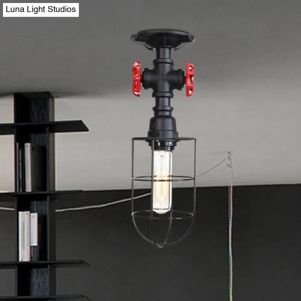 Valve Nautical Style Cage Metal Semi Flush Light - 1 Light Living Room Ceiling Fixture in Black/Bronze