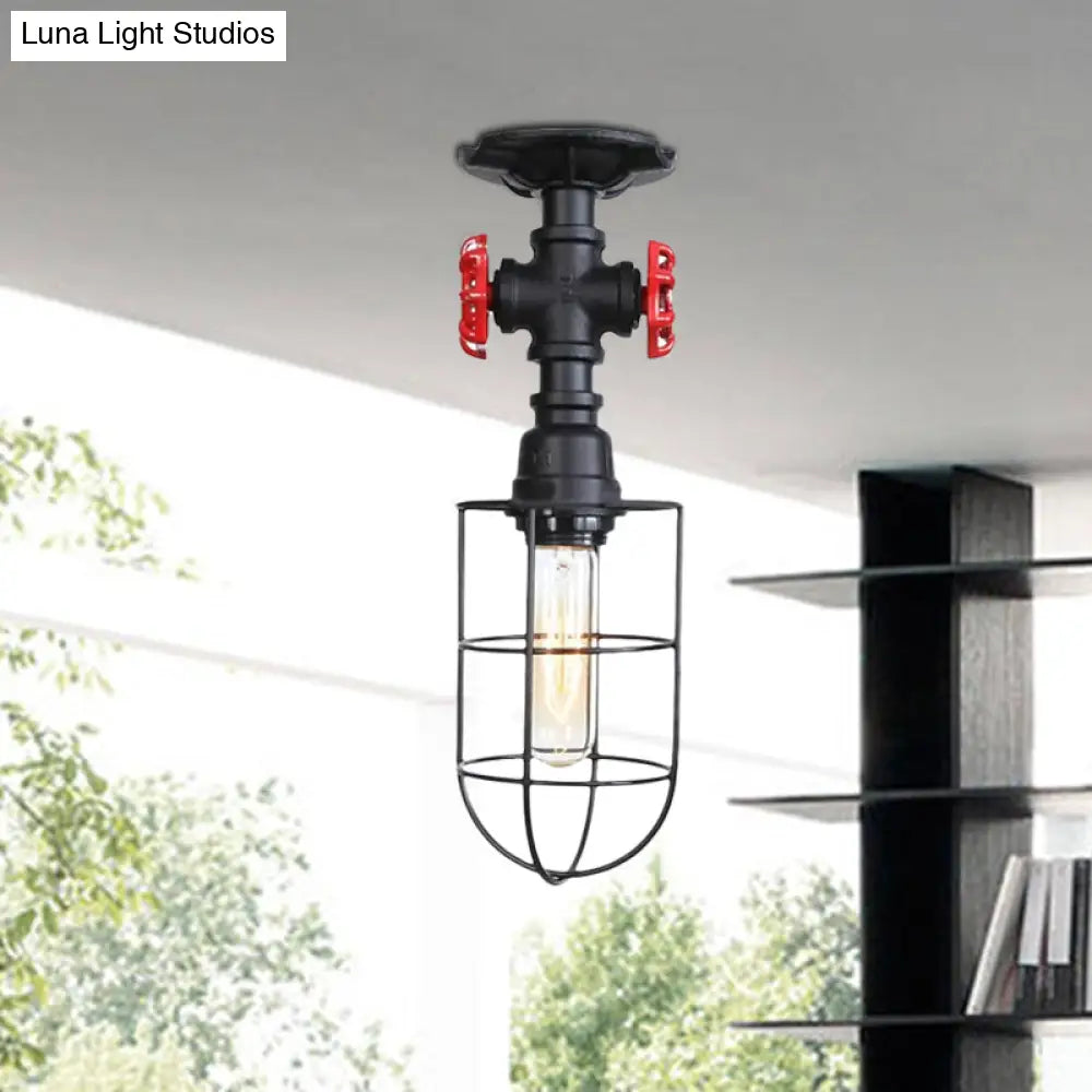 Valve Nautical Style Cage Metal Semi Flush Light - 1 Light Living Room Ceiling Fixture in Black/Bronze