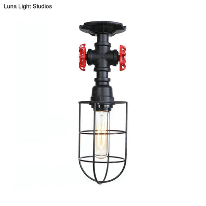 DecorBites™ DecorBites™ Valve Nautical Style Cage Metal Semi Flush Light - 1 Light Living Room Ceiling Fixture in Black/Bronze