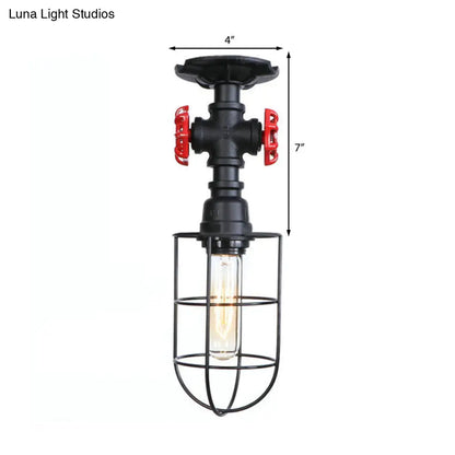 DecorBites™ DecorBites™ Valve Nautical Style Cage Metal Semi Flush Light - 1 Light Living Room Ceiling Fixture in Black/Bronze