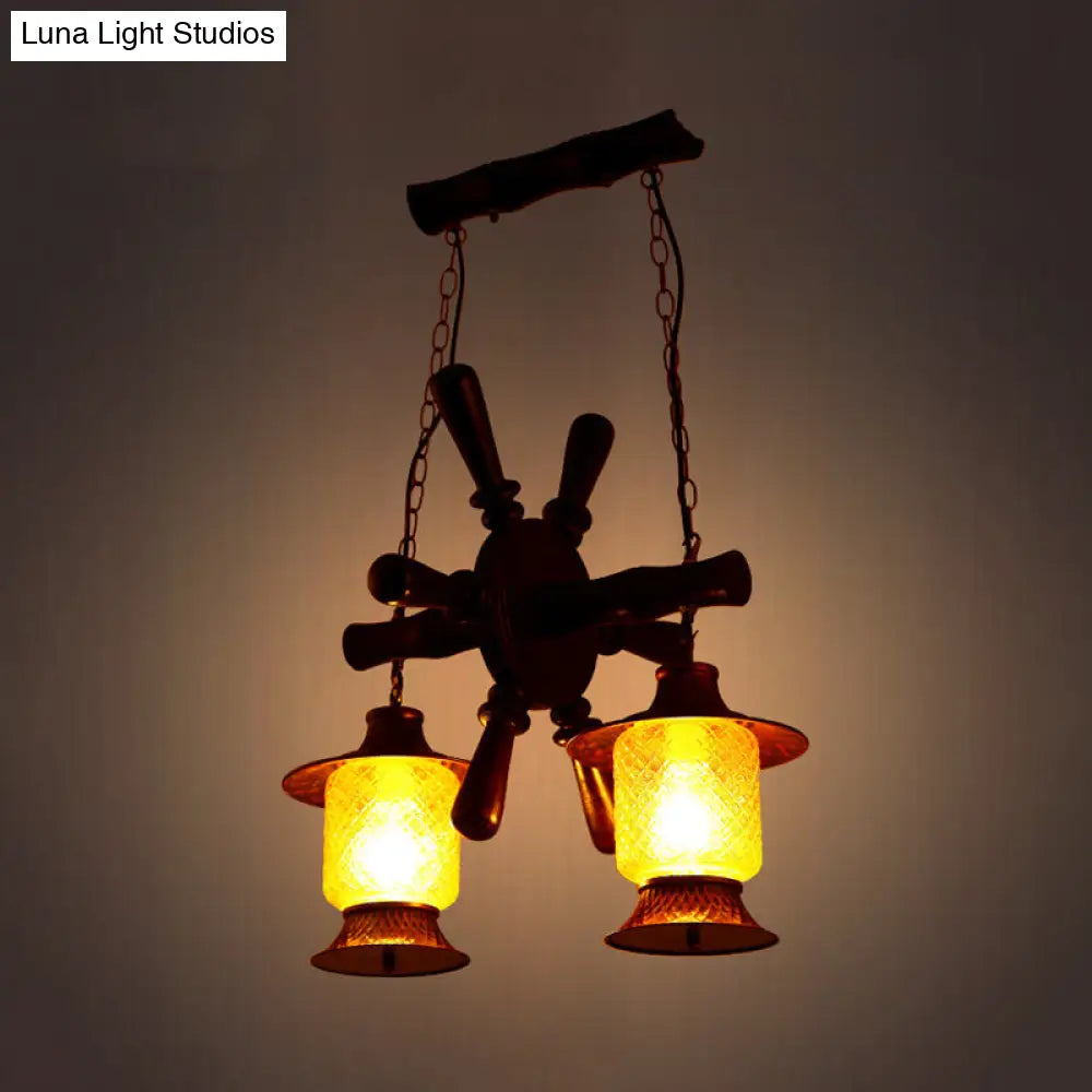 Vanessa - Kerosene Chandelier Lamp - 2 Lights, Yellow Grid Glass Pendant Ceiling