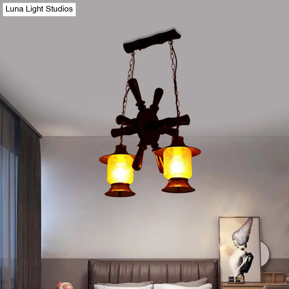 Vanessa - Kerosene Chandelier Lamp - 2 Lights, Yellow Grid Glass Pendant Ceiling