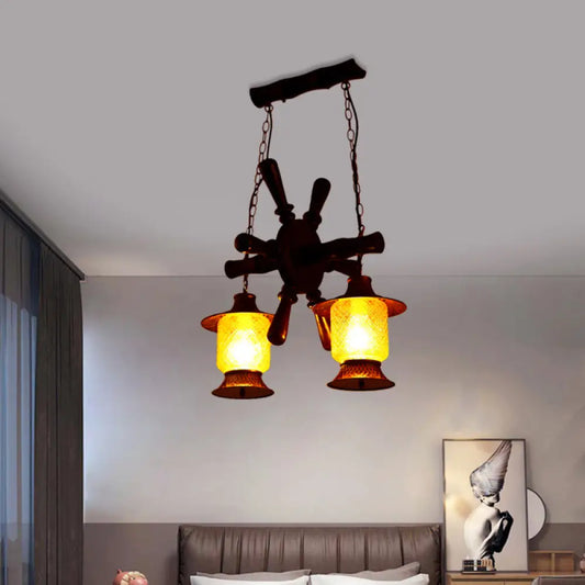 Vanessa - Kerosene Chandelier Lamp - 2 Lights, Yellow Grid Glass Pendant Ceiling