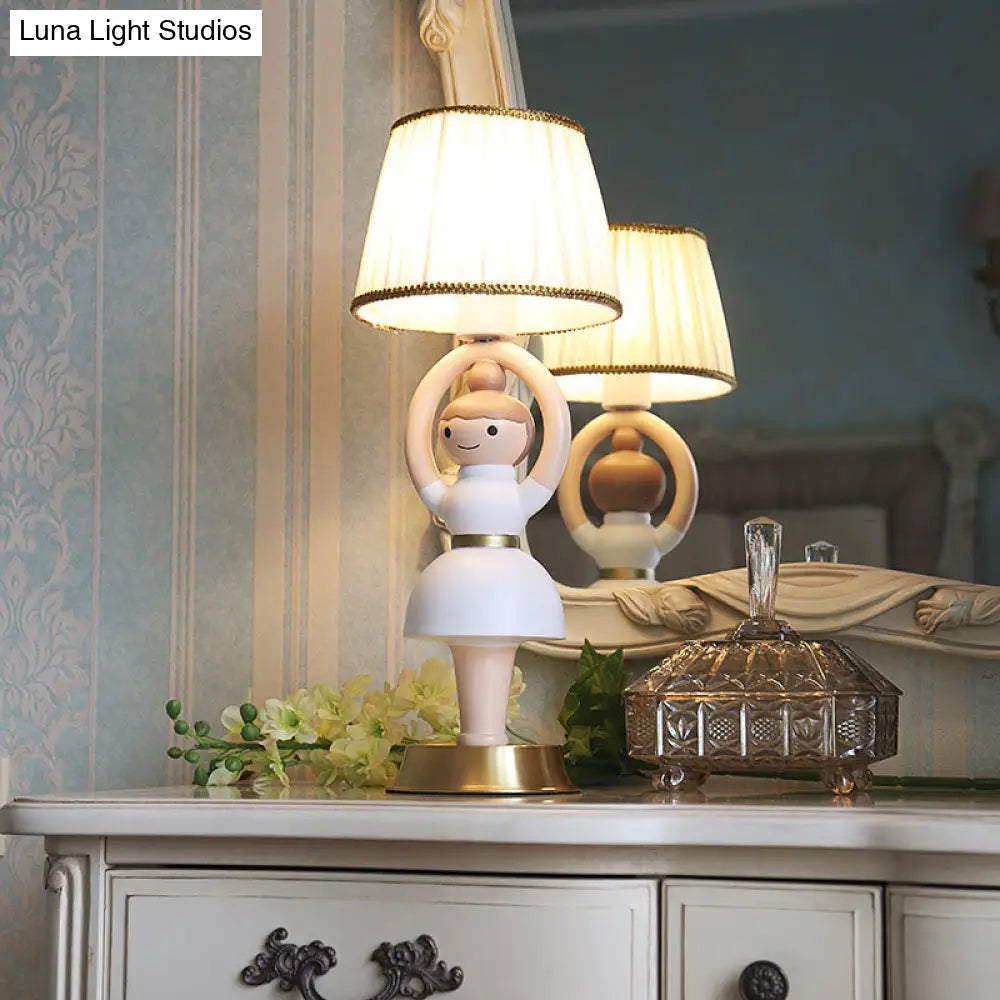Vera - White White Cartoon Girl Light Base Table Lamp Kids 1 Head Resin Nightstand Lamp with Fabric Shade