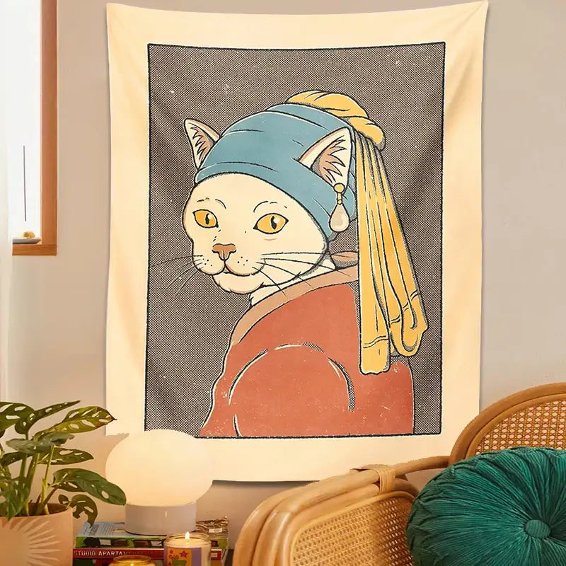 Cream-colored tapestry featuring a stylized white cat with blue headscarf and pearl earring metal wall hanging art