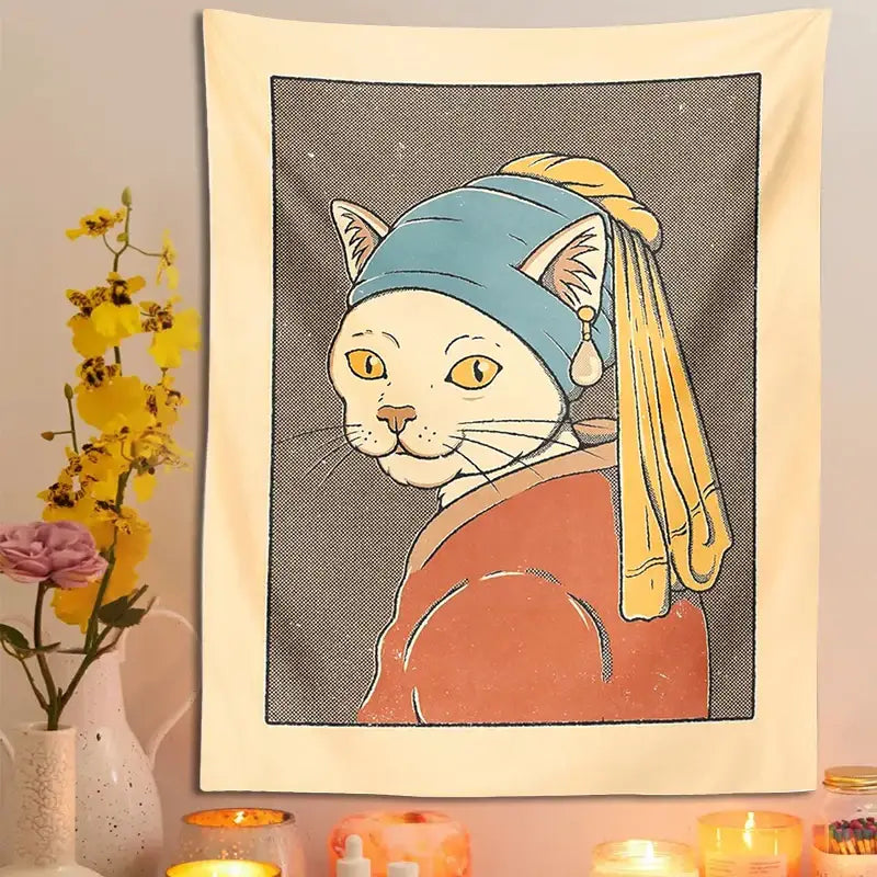 Cream-colored tapestry metal wall hanging featuring a cartoon cat inspired by vermeer girl with pearl earring