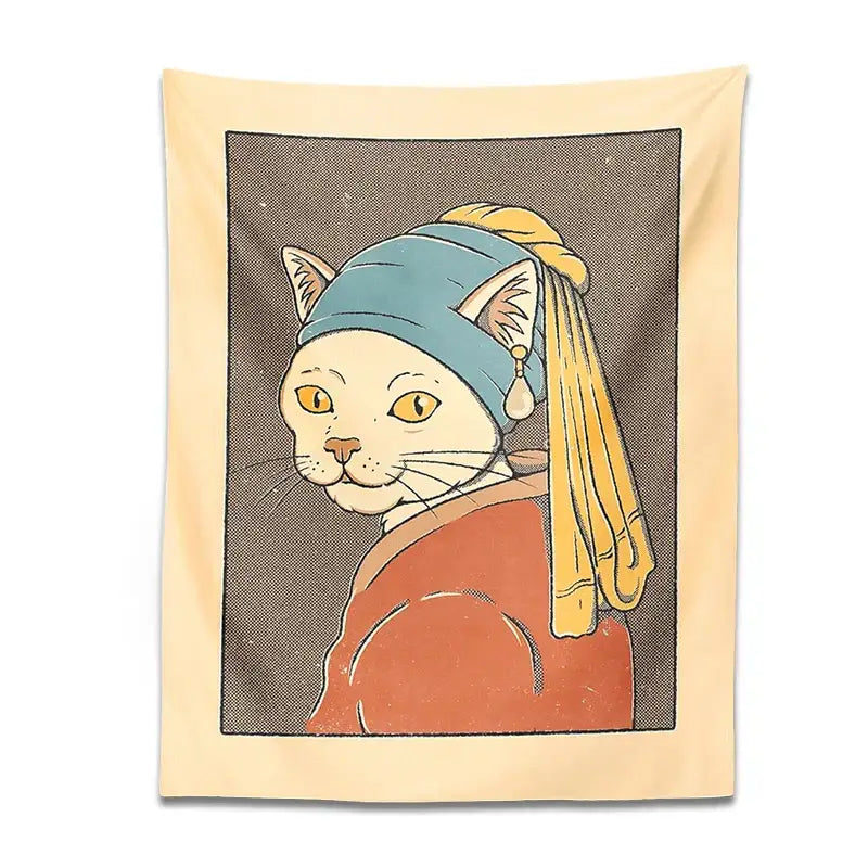 Beige bedroom tapestry featuring a vermeer cat with blue headscarf and pearl earring metal wall hanging design
