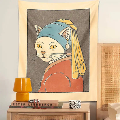 Beige tapestry metal wall hanging featuring a white cat with a blue headscarf and pearl earring metal design