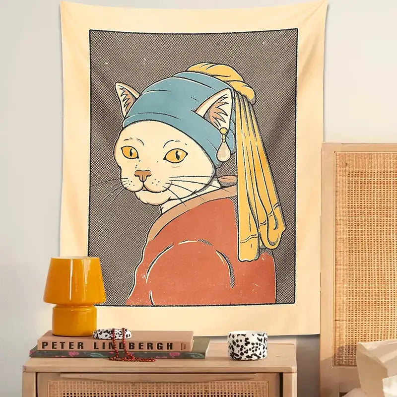 Beige tapestry metal wall hanging featuring a white cat with a blue headscarf and pearl earring metal design