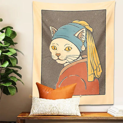 Beige metal wall hanging featuring a vermeer cat with a blue headscarf and pearl earring metal bedroom tapestry art