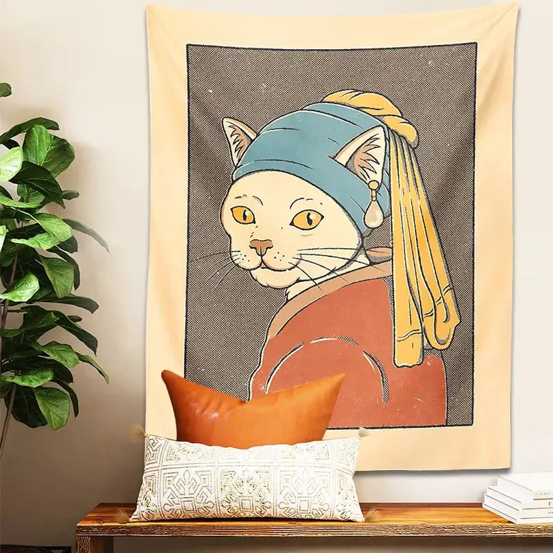 Beige metal wall hanging featuring a vermeer cat with a blue headscarf and pearl earring metal bedroom tapestry art