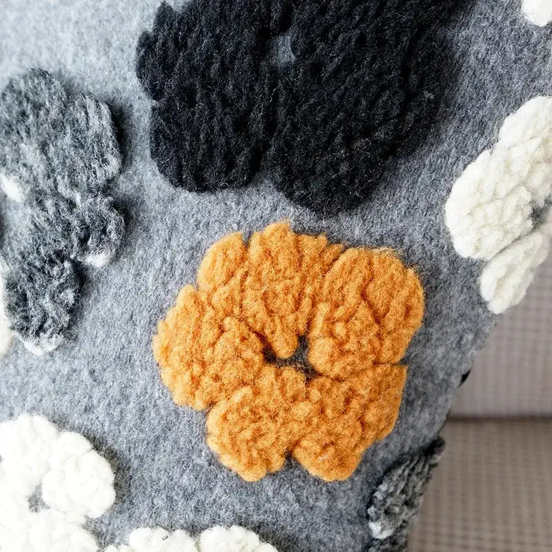 Vibrant orange plush textured felt flower on decorbites 3d floral jacquard pillow case cushion cover for living room decor