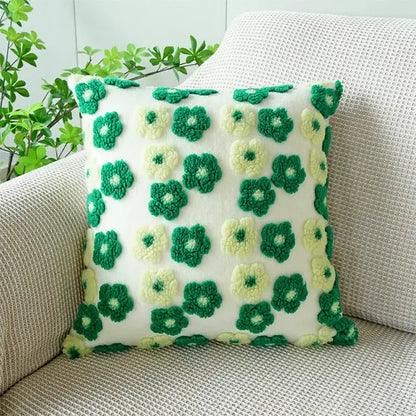 White pillow case featuring raised green and pale yellow crocheted flowers decorbites 3d floral jacquard pillow cover