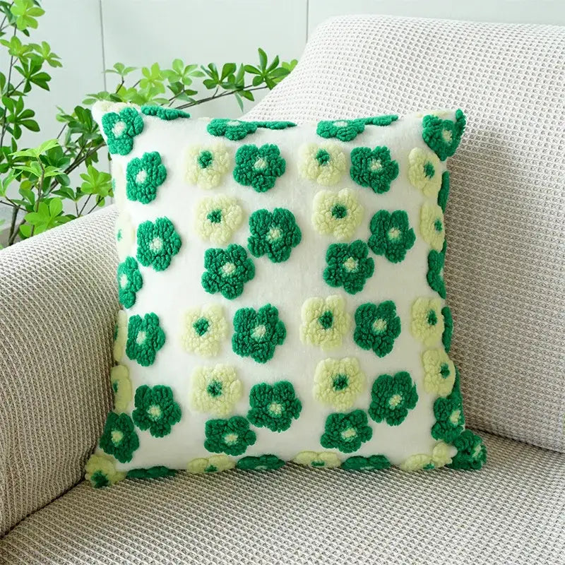 White pillow case featuring raised green and pale yellow crocheted flowers decorbites 3d floral jacquard pillow cover