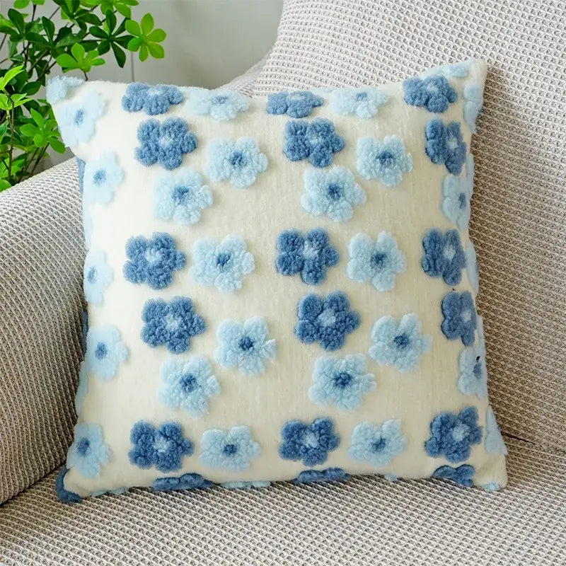 Cream-colored pillow case with raised fluffy blue floral appliqués decorbites 3d floral jacquard pillow cover