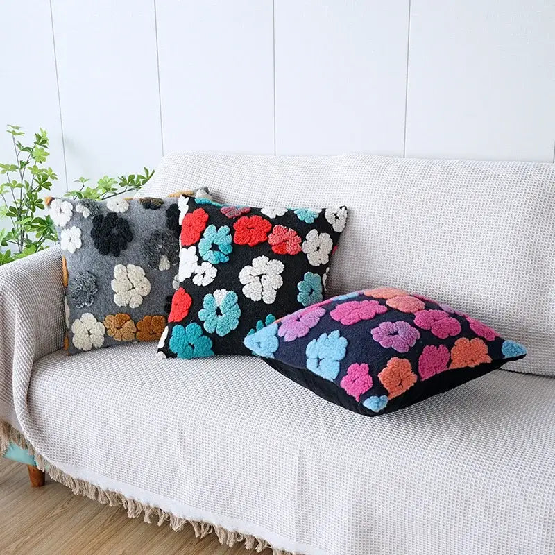 Vibrant 3d floral jacquard pillow case with colorful raised felt flowers on dark decorbites 3d floral cushion cover