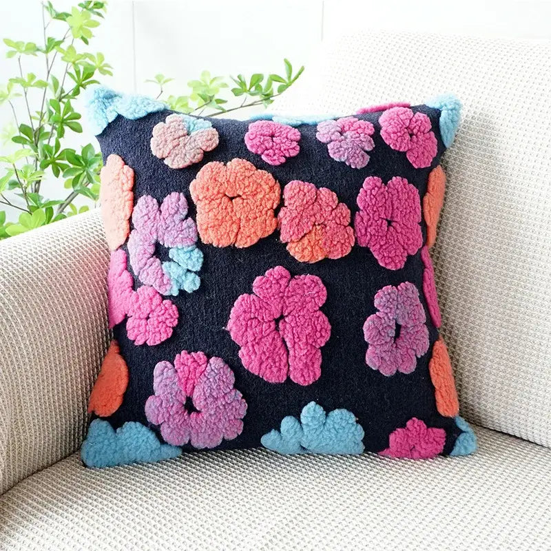 Vibrant 3d floral jacquard pillow case with black base and multicolored fluffy floral appliqués for living room decorbites decor