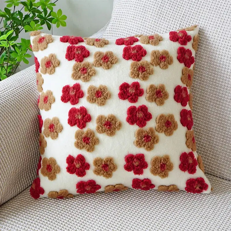A cozy white pillow case with red and beige decorbites 3d floral jacquard pattern for living room decor