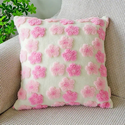 Vibrant 3d floral jacquard pillow case with raised pink floral appliqués on soft off-white cushion decorbites 3d floral