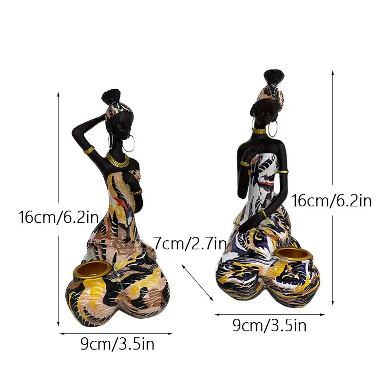 Two vibrant decorbites black woman candlesticks with glossy black yellow white patterns and gold accents for living room decor
