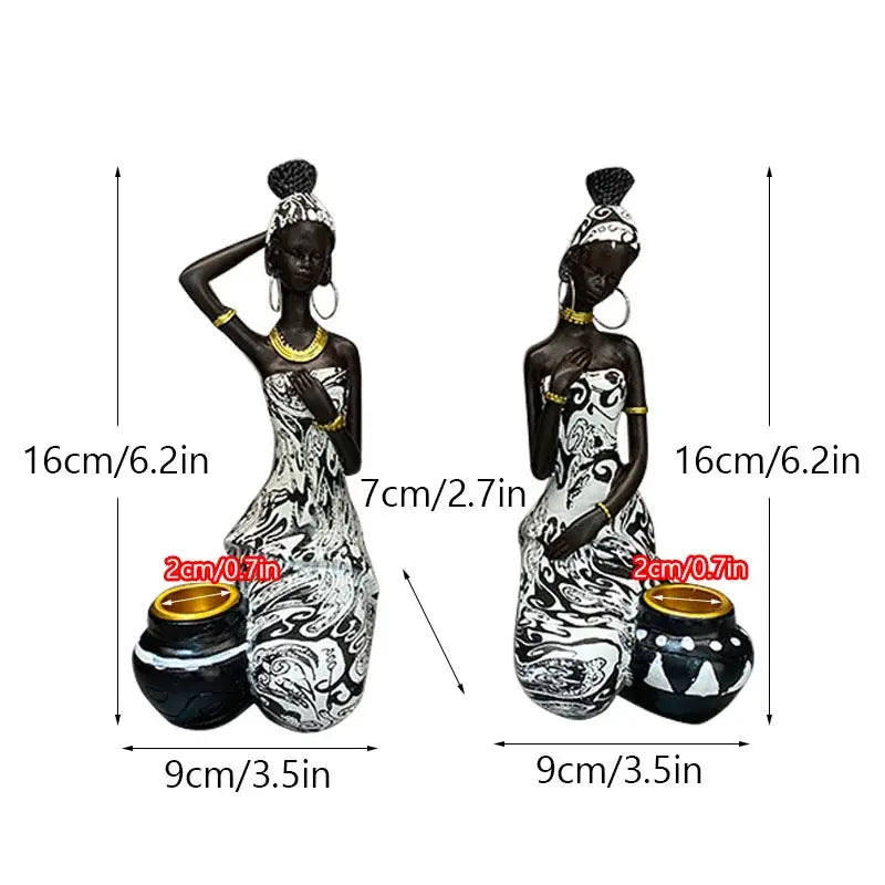 Decorbites black woman candlestick featuring black and white figurines seated beside patterned pots for exotic decor