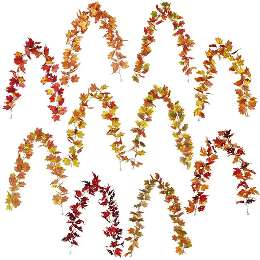 Vibrant autumn harvest hanging decoration featuring fall-themed artificial leaf garlands in red orange and yellow hues decorbites harvest home decorbites harvest