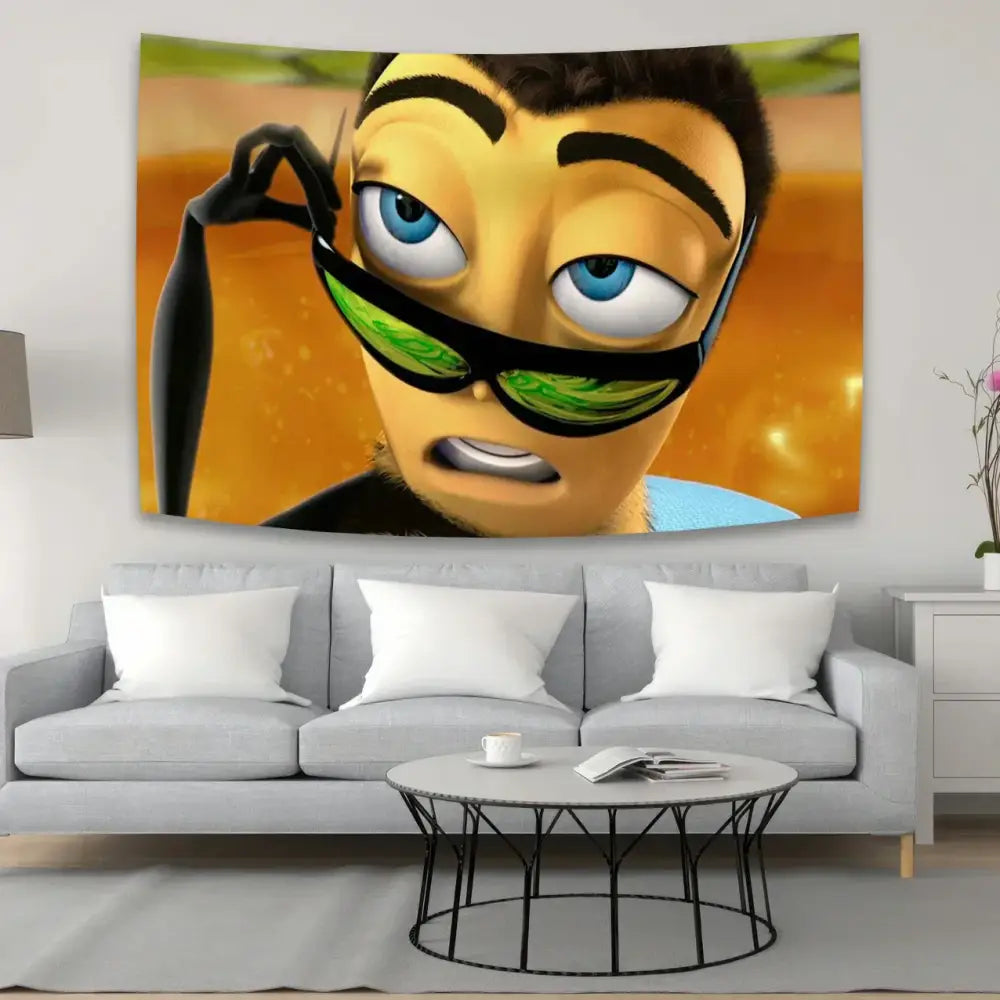Vibrant bee movie meme tapestry art featuring a cartoon bee with sunglasses on orange fabric wall decor