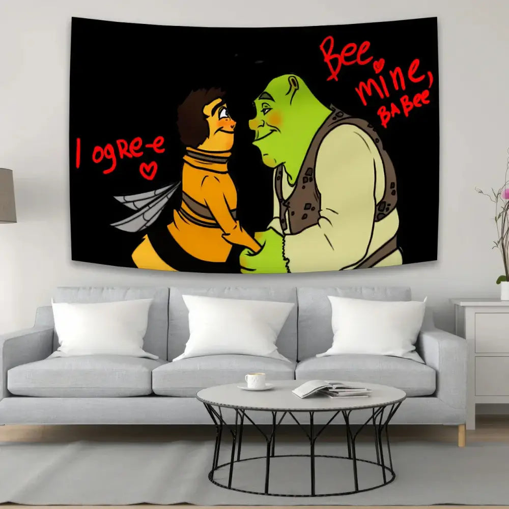 Black fabric movie meme tapestry art featuring shrek and a bee with red text bee mine babe and i agree for living room decor