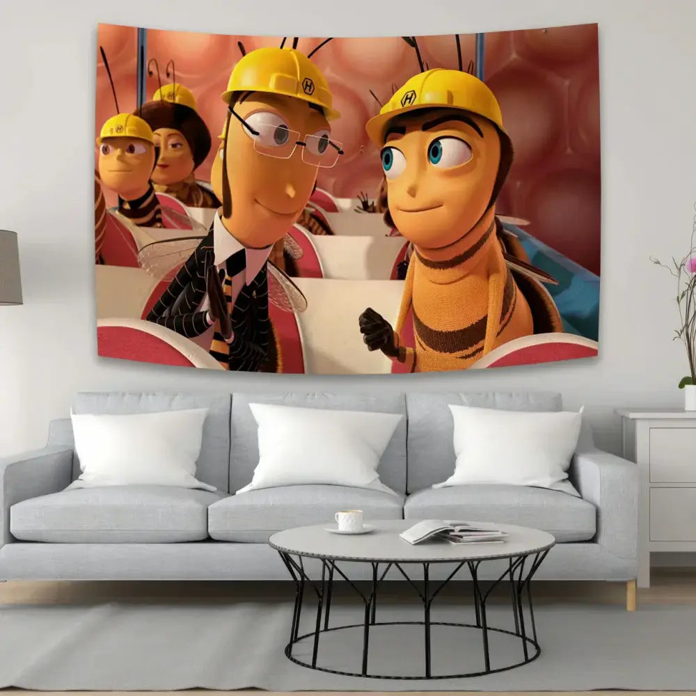 Vibrant yellow hard hat bee movie meme tapestry art hanging above gray sofa living room fabric wall decor