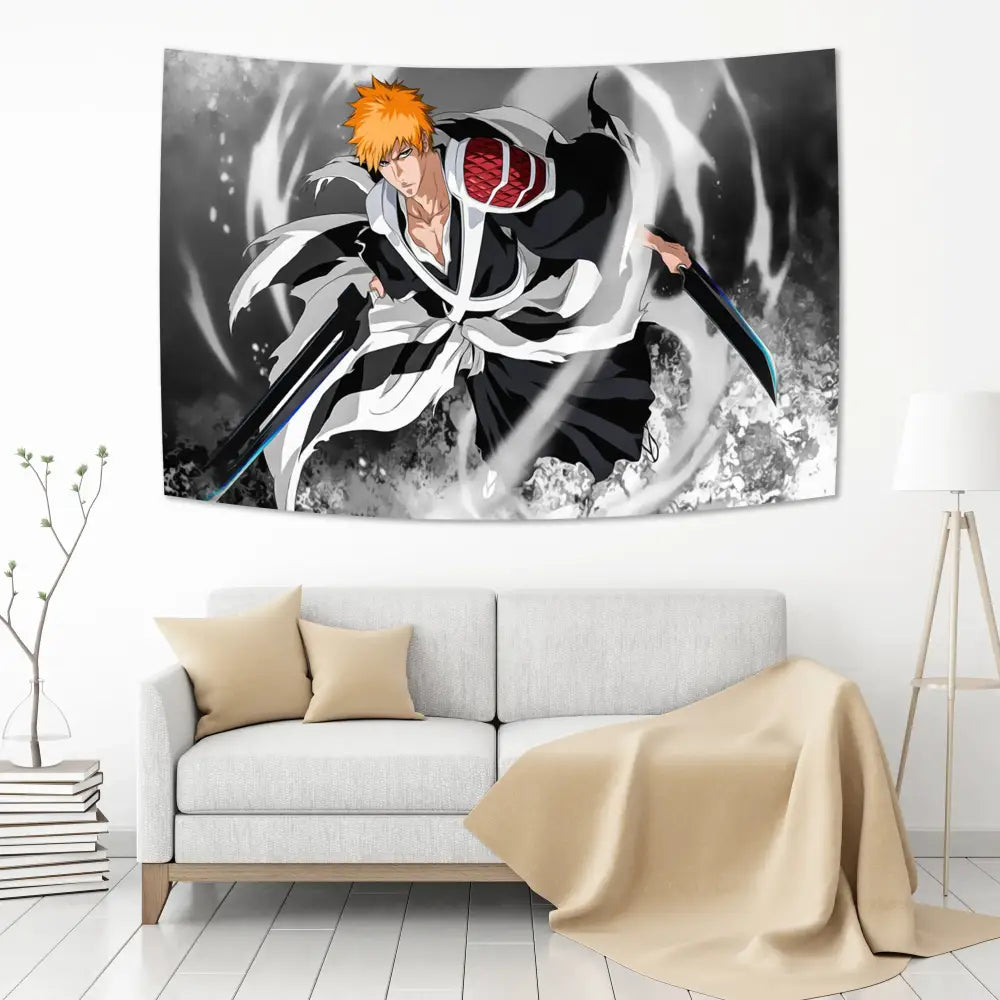 Black-and-white bleach japan anime tapestry featuring ichigo kurosaki with vibrant orange hair and red armor accents