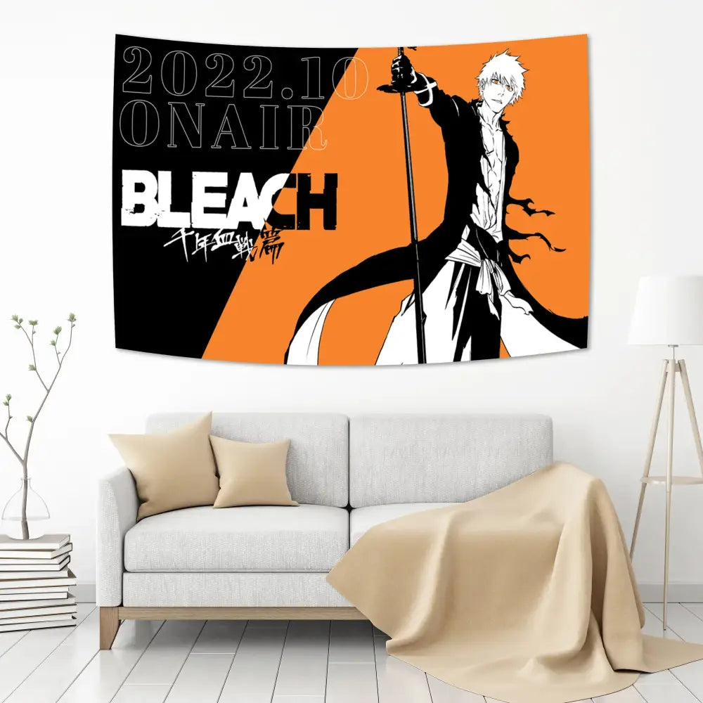 Vibrant bleach japan anime tapestry featuring ichigo kurosaki in black and orange with bold white text for decorbites bleach japan