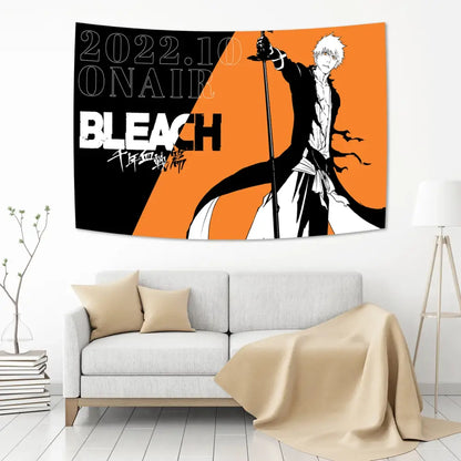 Vibrant bleach japan anime tapestry featuring ichigo kurosaki in black and orange with bold white text for decorbites bleach japan