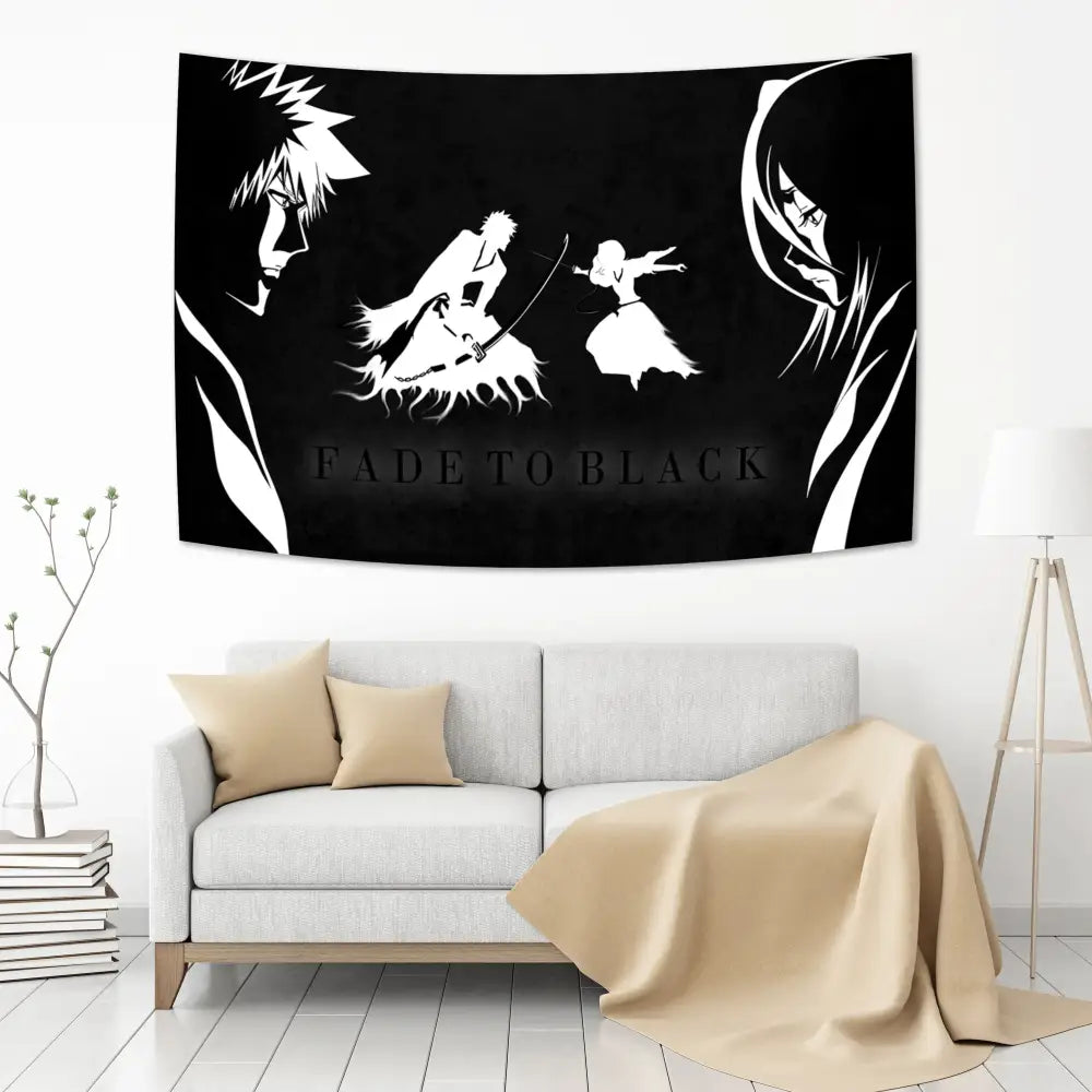 Black and white fade to black japan anime tapestry featuring stylized bleach japan anime characters wall hanging decorbites